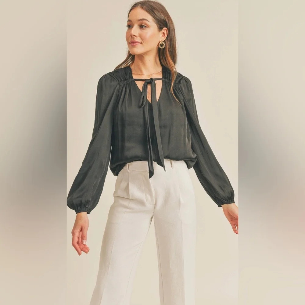 🖤 NWOT Reset By Jane Silky Bow Tie Blouse – Puff Sleeves, Black - Small